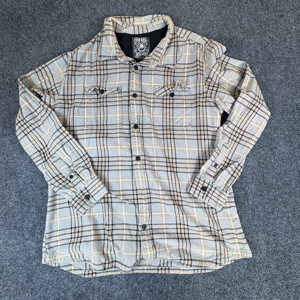 Metal Mulisha Flannel Shirt Mens 2XL Gray Beige Plaid Cotton Casual Button Up